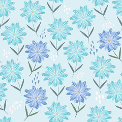 Tender blue floral seamless pattern with childish sketch flowers, hearts and dots. Cute pastel scandinavian texture with gerbera for textile, wrapping paper, surface, wallpaper, background