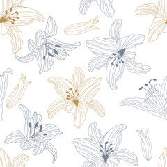 Seamless summer spring lily flower pattern. Elegant exotic floral background. Great as a summer or spting textile print, party invitation or packaging. Surface pattern design. Vector illustration.  