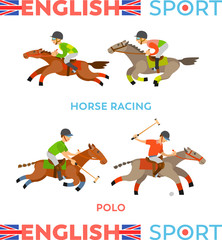 Fototapeta na wymiar English sports types vector, male team riding horses racing, polo game. People wearing special uniform and helmets, wild and dangerous competition