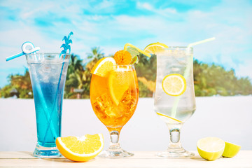 Bright tasty drinks in decorated glasses and sliced citruses