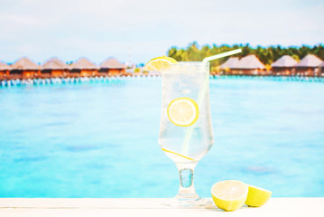 Glass of juicy lemon drink with straw and sliced citruses