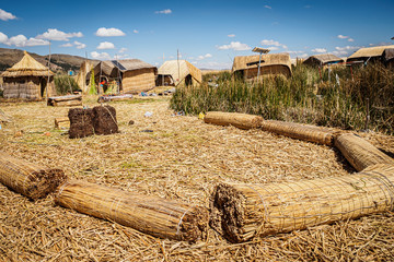 Island made of totora by the Uros on Lake Titicaca in Peru