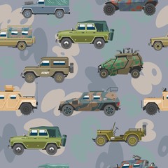 Militair voertuig vector leger auto en gepantserde vrachtwagen of gewapende machine illustratie set oorlog transport naadloze patroon met camouflage achtergrond.