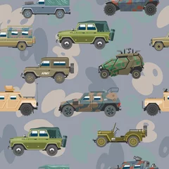 Foto op Plexiglas Militair patroon Militair voertuig vector leger auto en gepantserde vrachtwagen of gewapende machine illustratie set oorlog transport naadloze patroon met camouflage achtergrond.