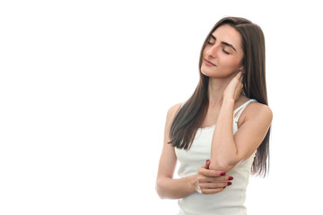 Young woman with headache isolated on white