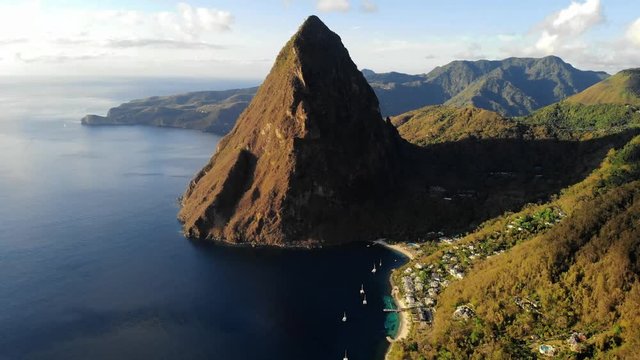 drone view from above at the huge Pitons of Saint Lucia, St Lucia Caribbean