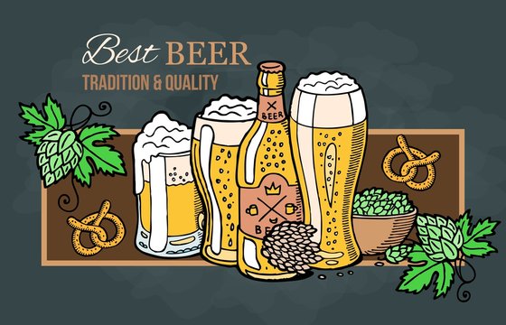 Premium Banner Or Emblem With Swirls, Hop And Malt For Brewery Or Beer Shop Design. Sketch Illustration Of Glasses Of Beer, Bottle And Salted Pretzel.