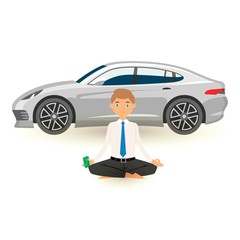 Businessman yoga meditation with pack of dollars in hand and expensive car behind. Office relax in stressed work busy man sitting in lotus. Vector concept of relax, calm and meditating.