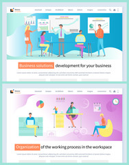 Business solution and development vector, organization of workplace for efficiency at work, people in office working with laptops and charts schemes. Team do business in new reality flat style