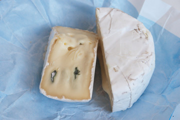 Blue mold plum cheese.  View from above. Candid.