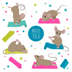 Mouse yoga poses and exercises. Cute cartoon clipart set