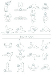 Sloth yoga collection. Funny cartoon animals in different postures set. Thin line design.