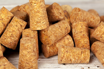 Bunch of wine corks on wooden table