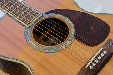 Acoustic Guitar detail - sound hole and scratch plate - from top