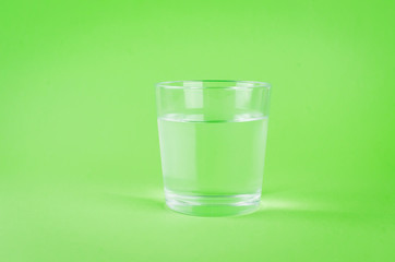 glass of water on a green background