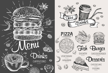 Restaurant cafe menu, template design. Food flyer. Hand drawn illustration