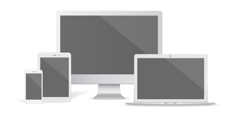 Set of realistic vector graphic computer monitor, laptop, tablet and phone on a white background.