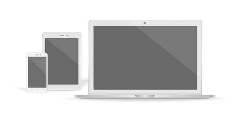 Set of realistic vector graphic computer monitor, tablet and phone on a white background.