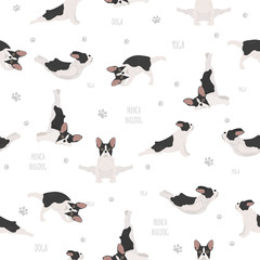 Obraz premium Yoga dogs poses and exercises. French bulldog seamless pattern