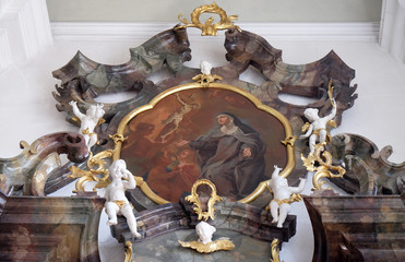 Blessed Elizabeth of Reute receiving the sacred stigmata, altarpiece on the altar of the Holy Rosary in the Saint Martin church in Unteressendorf, Germany