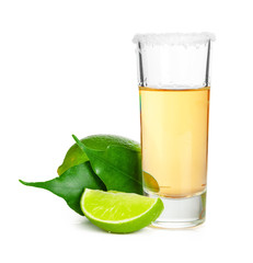 Shot of tequila with a slice of lime no white background