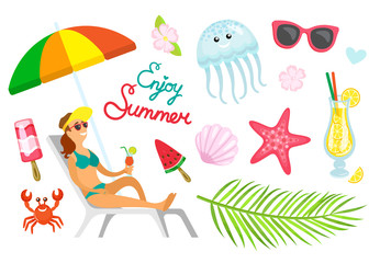 Enjoy summer person relaxing with cocktail vector. Palm tree branch with leaves, beverage in cup, crab and jellyfish, sunglasses and starfish flat style