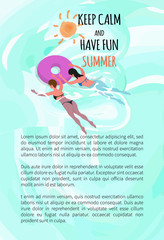 Keep cam and have fun summer poster with text sample. Women in bikini swimsuit swimming in inflatable round rings. Vector girls in rubber safety donut