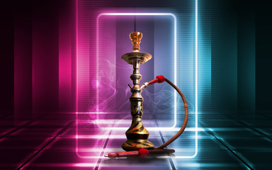 Hookah, smoke on a dark abstract background. Background of empty scenes with multicolored neon...