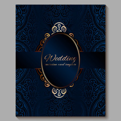 Wedding invitation card with gold shiny eastern and baroque rich foliage. Royal blue Ornate islamic background for your design. Islam, Arabic, Indian, Dubai.