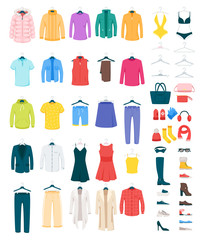 Men and women clothes on hangers vector illustrations set