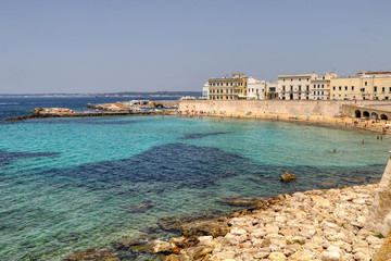 Fototapeta na wymiar Overview of the Spiaggia delle Puritane (Puritan beach) in Gallipoli, Puglia, Italy