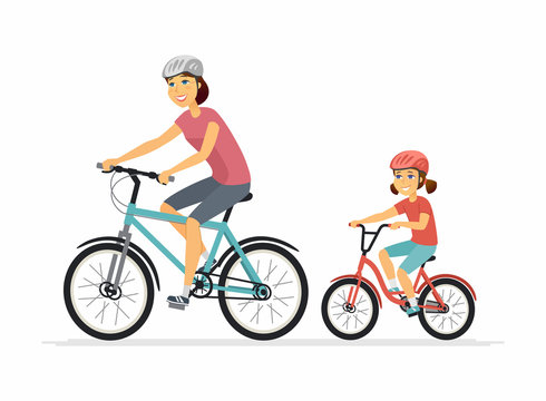 Mother and daughter cycling - cartoon people characters illustration