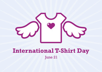 International T-Shirt Day vector. White T-Shirt isolated on a white background. Women's T-Shirt with wings icon. White t-shirt with heart vector. International T-Shirt Day Poster, June 24