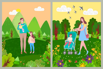 Woman with children walking in forest or park with green grass, trees and blooming flowers. Vector mother and baby in stroller, daughter and mom outdoors