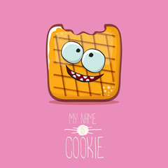 vector funny cookie character isolated on pink background. My name is cookie concept illustration. funky food character or bakery label mascot