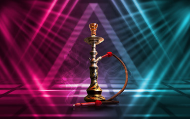 Hookah, smoke on a dark abstract background. Background of empty scenes with multicolored neon...