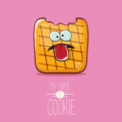 vector funny cookie character isolated on pink background. My name is cookie concept illustration. funky food character or bakery label mascot