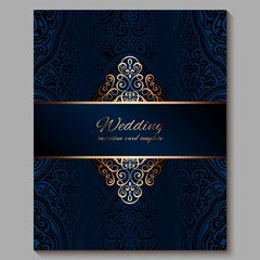 Wedding invitation card with gold shiny eastern and baroque rich foliage. Royal blue Ornate islamic background for your design. Islam, Arabic, Indian, Dubai.