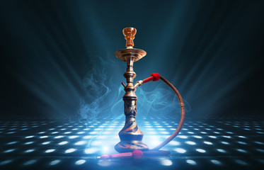 Hookah, smoke on a dark abstract background. Background of empty scenes with multicolored neon...