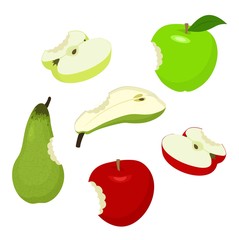 Apple and pear. Set of red, green, half, sliced, apples and pear. Raster illustration on white background.