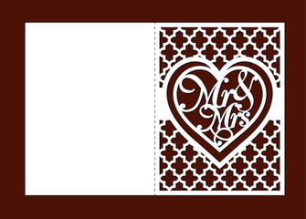 Laser cut template of wedding invitation card with Ms, Mrs, lattice with ogee ornament. Fold vector silhouette with heart for Valentine's day. Panel for wood carving, paper cut, die cut pattern.