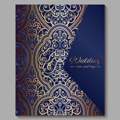 Wedding invitation card with gold shiny eastern and baroque rich foliage. Royal blue Ornate islamic background for your design. Islam, Arabic, Indian, Dubai.