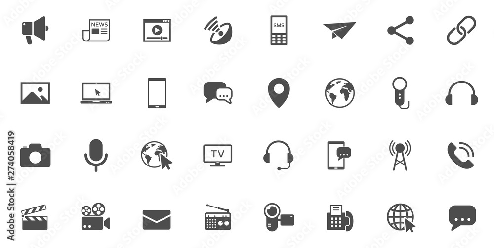 Poster mass media vector icons large set isolated on white background. media business concept. media flat i