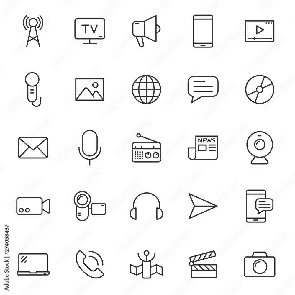 Aufkleber mass media outline vector icons large set isolated on white background. media business concept. medi