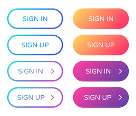 sign in sign up web buttons set. outline and filled ui web buttons in flat style. rounded vector buttons on trendy gradients with arrows for web and ui design