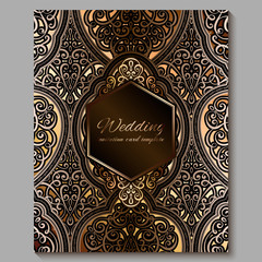 Wedding invitation card with gold shiny eastern and baroque rich foliage. Royal bronze Ornate islamic background for your design. Islam, Arabic, Indian, Dubai.