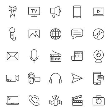mass media outline vector icons large set isolated on white background. media business concept. media line icons for web and ui design
