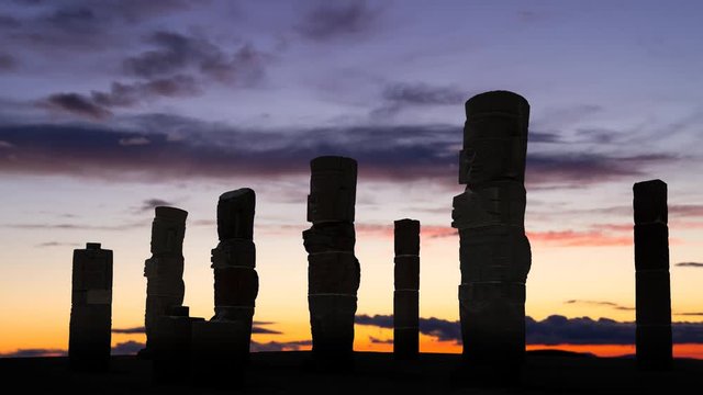 Toltec Warriors Sculptures at Twilight, Atlantean Columns on top of  Pyramid of Quetzalcoatl, in Ancient ruins of Tula, Mexico