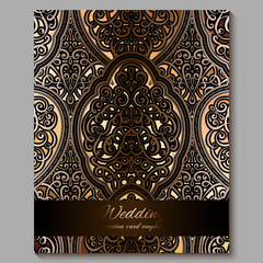 Wedding invitation card with gold shiny eastern and baroque rich foliage. Royal bronze Ornate islamic background for your design. Islam, Arabic, Indian, Dubai.