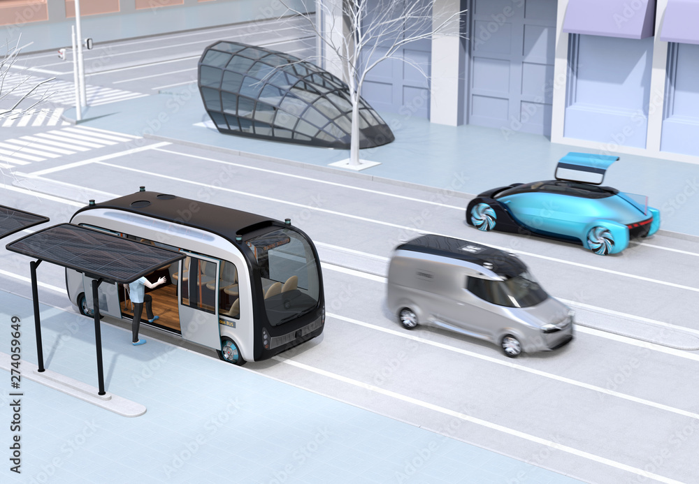 Poster scene of modern urban transportation style. autonomous bus in bus stop. electric minivan moving on t